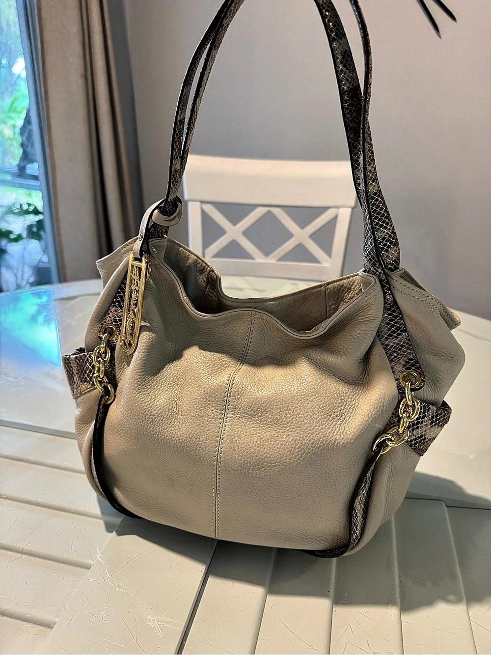 B Makowsky Leather Hobo Bag in Beige & Brown